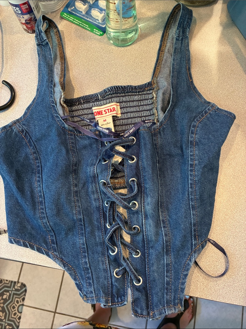 One Star Denim Lace-Up Corset Top - Dark Blue